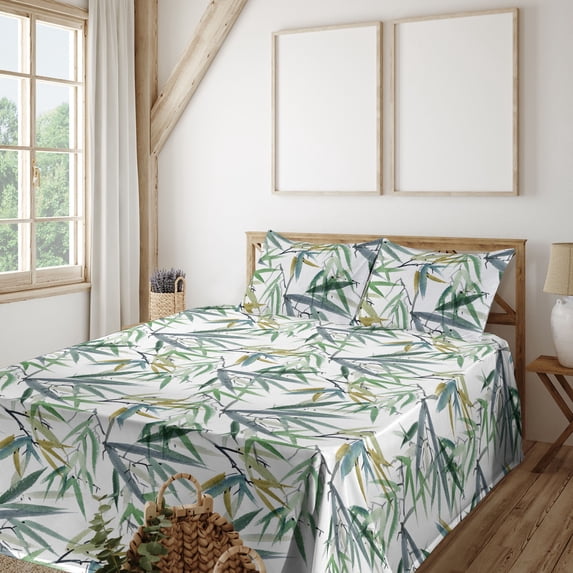 Bamboo Theme Sheet Set, Watercolor Tree Leaves Simplistic Botanical Composition of Nature, Fitted & Flat Sheet with Pillowcase Bedding Accent 4 Pcs Set, Queen, Fern Green Blue Grey, by Ambesonne