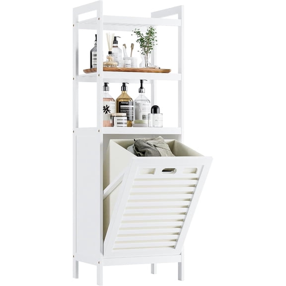 Bamboo Tilt Out Hamper, Bathroom Laundry Cabinet with Hidden Foldable Basket, Freestanding Clothes Storage Organizer with Storage Shelf, White