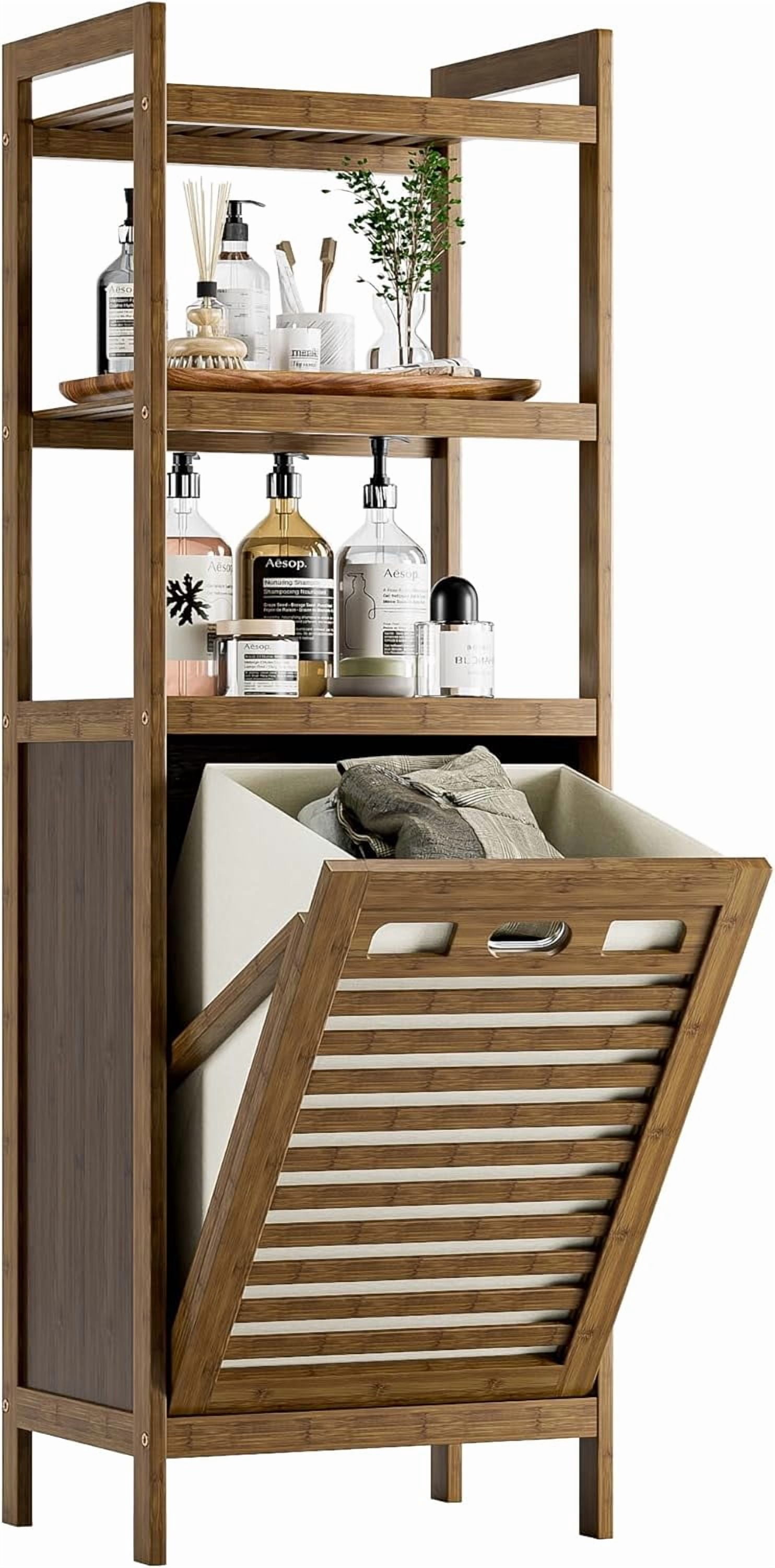 Bamboo Tilt-Out Laundry Hamper Cabinet, Bathroom Storage with Hidden Removable Basket and 3 Open Shelves, Space Saving for Clothes, Towels, Toys, Walnut