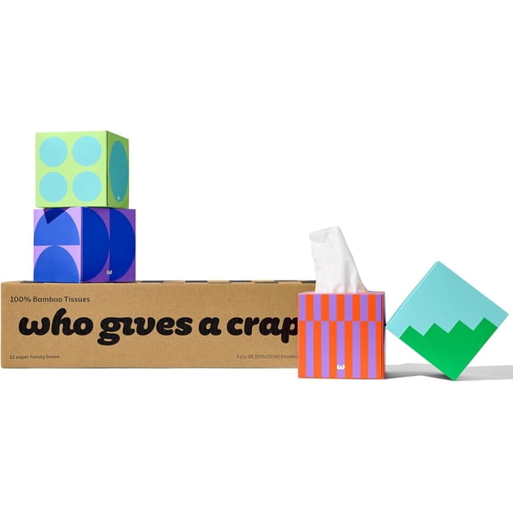 Bamboo Tissues, Facial Tissue Cube Boxes, 100% Bamboo, 3 Ply, 12 Boxes, 65 Sheets per Box, Soft, Strong, and Sustainable, Eco Friendly With Plastic Free Packaging, 780 Total Tissues