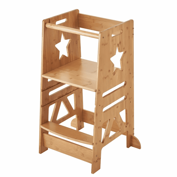 Bamboo Toddler Step Stool, 3-Level Adjustable Kids Learning Tower, 350LBS Capacity, Kitchen Counter & Bathroom Helper, Safety Rail, Natural Wood