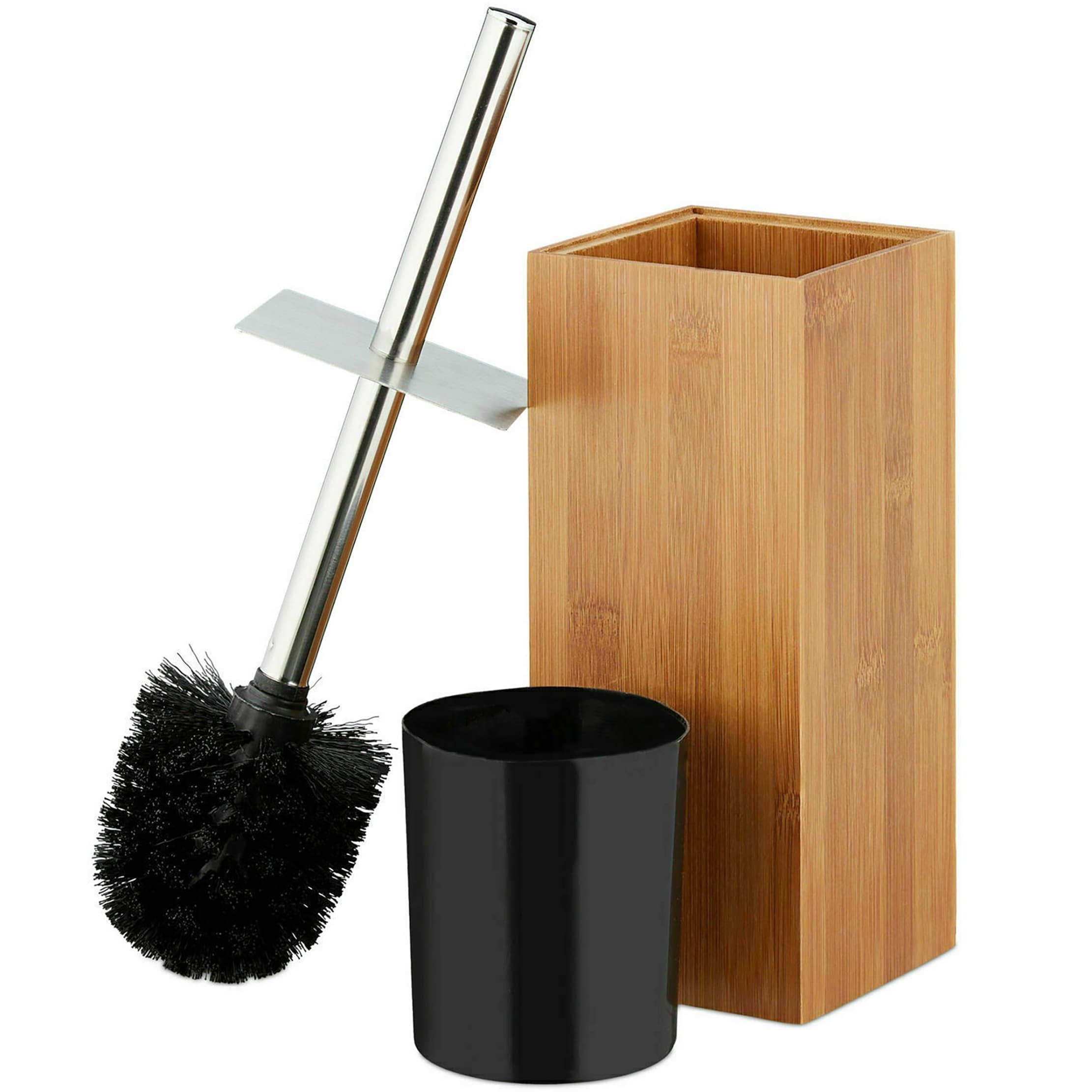 Modern Bamboo and Stainless Steel Toilet Brush Holder Set