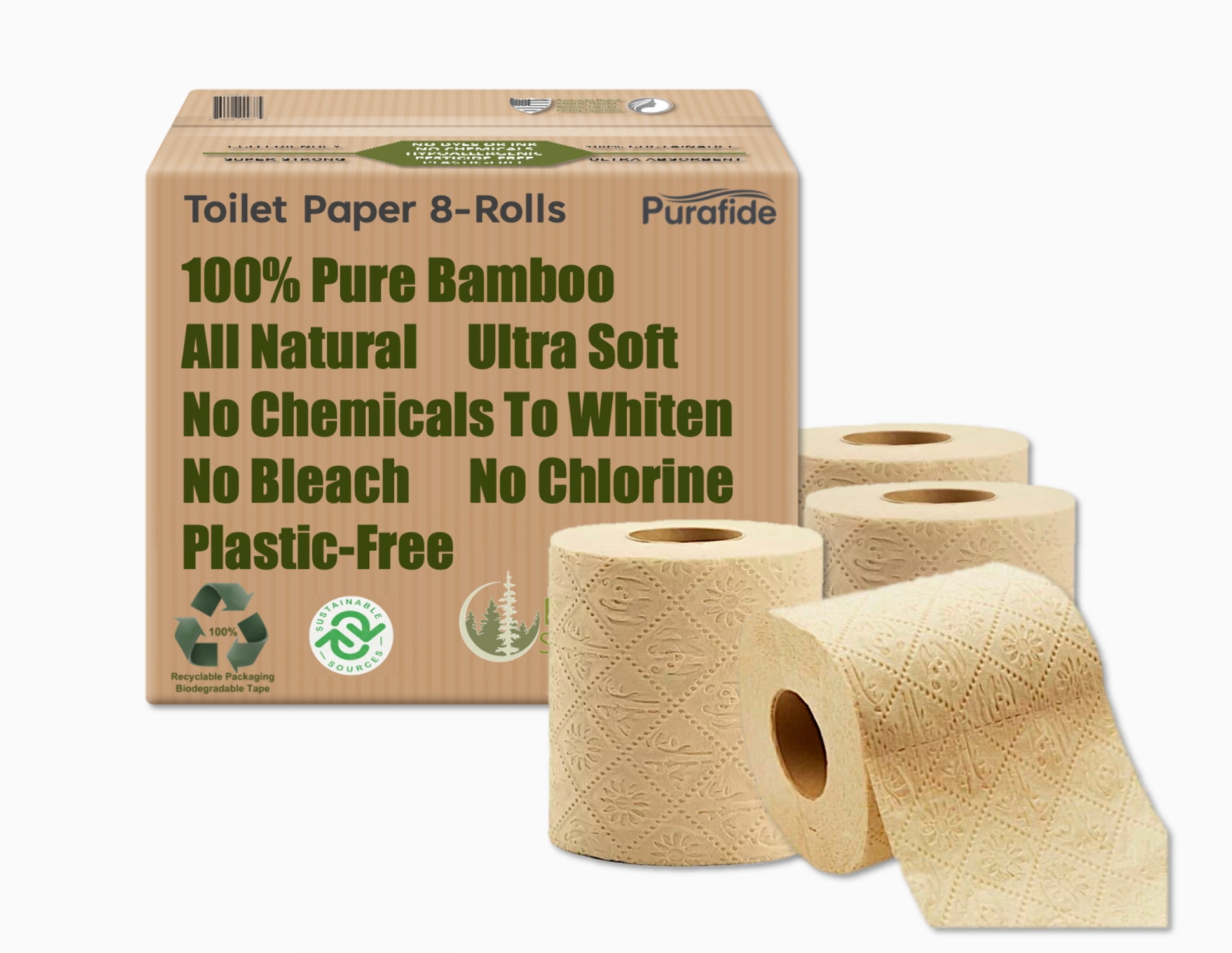 Bamboo Toilet Paper, 100% Pure, All-Natural, Tree-Free, and Chem Free Paper, Extra Thick 3-Ply, 16 GSM Sheets, 8 Large Toilet Paper Rolls, 300 Sheets Per Roll