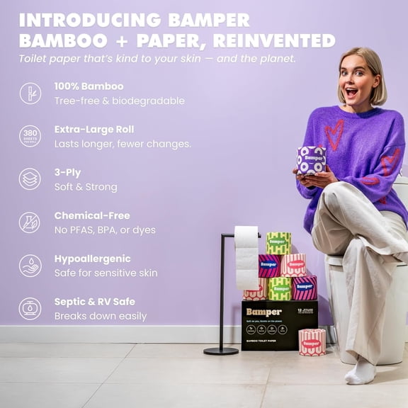 Bamboo Toilet Paper, 3-Ply & 380 Sheets, Soft & Strong Organic Bath Tissue, Chemical-Free & Hypoallergenic, Septic Safe, PFAS-Free, Tree-Free Bathroom Tissue (12 Extra-Large Rolls)