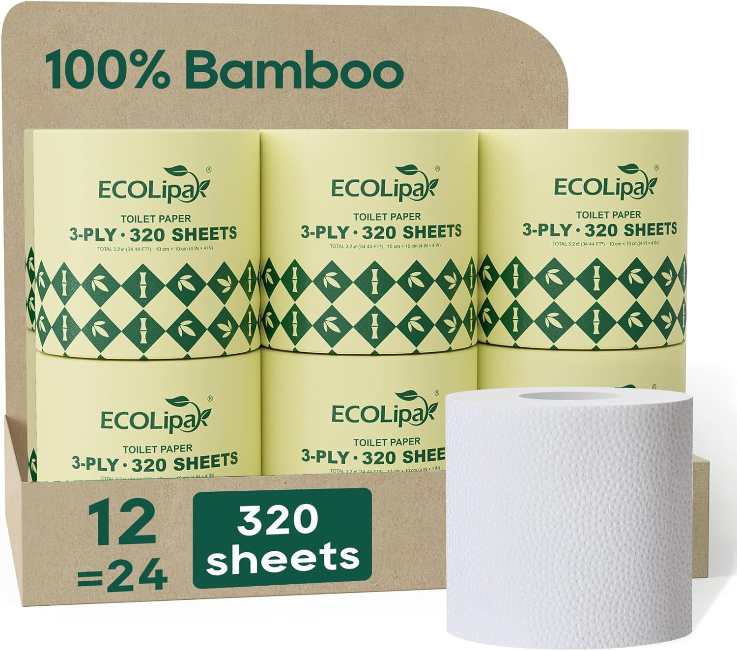 Bamboo Toilet Paper 3 Ply, Septic Safe Toilet Tissue, 12 Double Rolls, 320 Sheets Per Roll, Tree Free, Non Toxic, Soft and Absorbent, Eco Friendly Dye-Free Paper, White