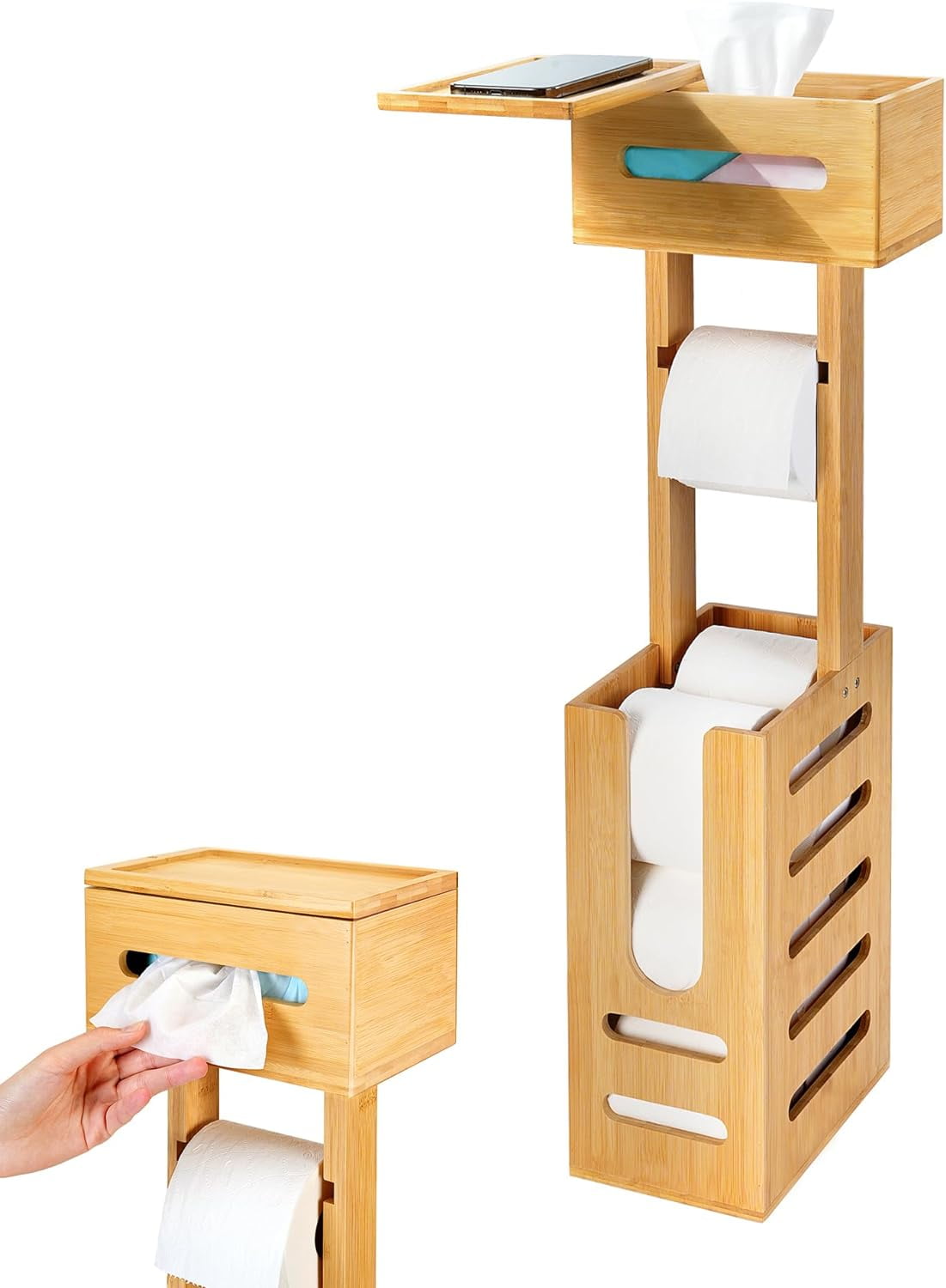 Bamboo Toilet Paper Holder Stand, Stable Free Standing Toilet Paper ...