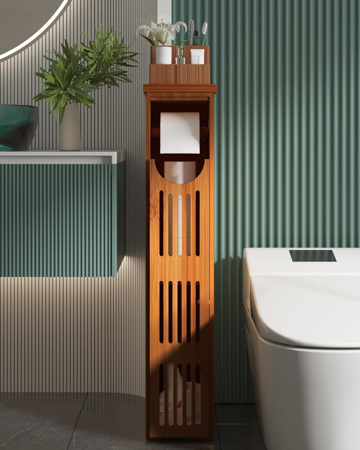 Bamboo Toilet Paper Holder with Storage, Bathroom Toilet Paper Storage ...