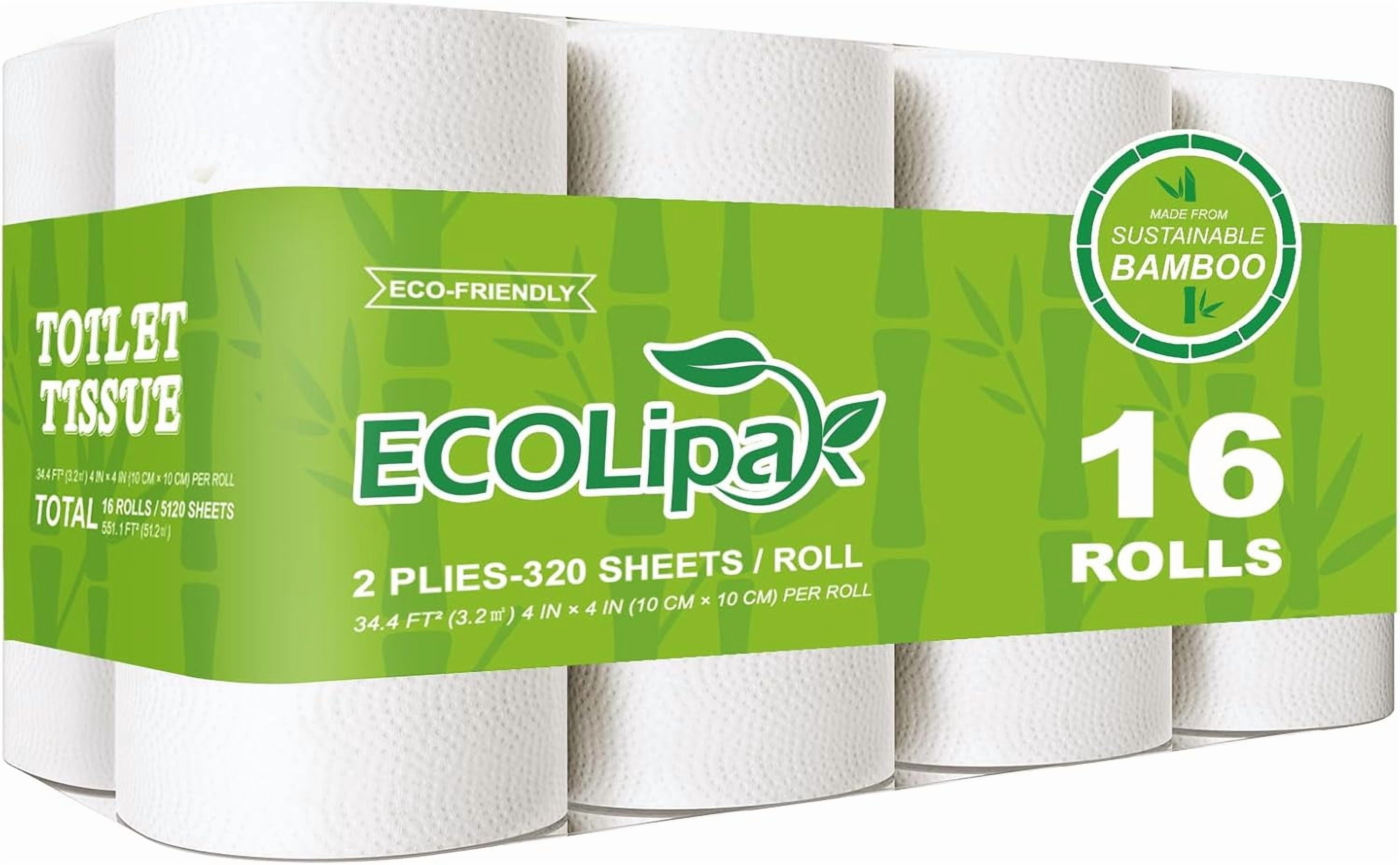 Bamboo Toilet Paper, Septic Safe Toilet Tissue, 16 Double Rolls, 320 Sheets Per Roll, Tree Free, Non Toxic, 2 Ply, Soft and Absorbent, Eco Friendly Dye-Free Paper