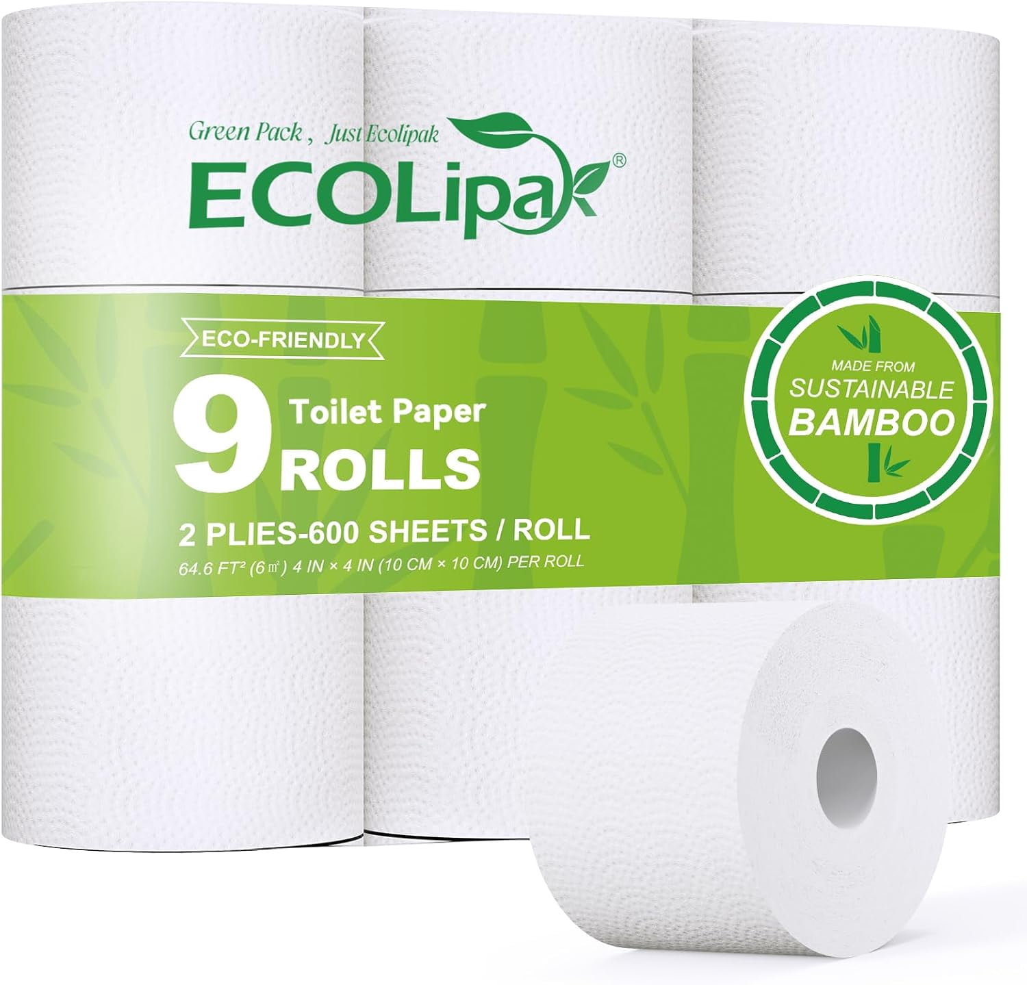Bamboo Toilet Paper, Septic Safe Toilet Tissue, 9 Mega Rolls, 600 Sheets Per Roll, Tree Free, Non Toxic, 2 Ply, Soft and Absorbent, Eco Friendly Dye-Free Paper