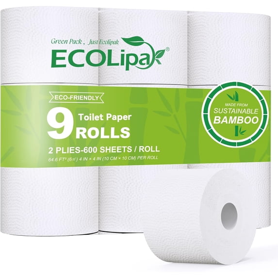 Bamboo Toilet Paper, Septic Safe Toilet Tissue, 9 Mega Rolls, 600 Sheets Per Roll, Tree Free, Non Toxic, 2 Ply, Soft and Absorbent, Eco Friendly Dye-Free Paper