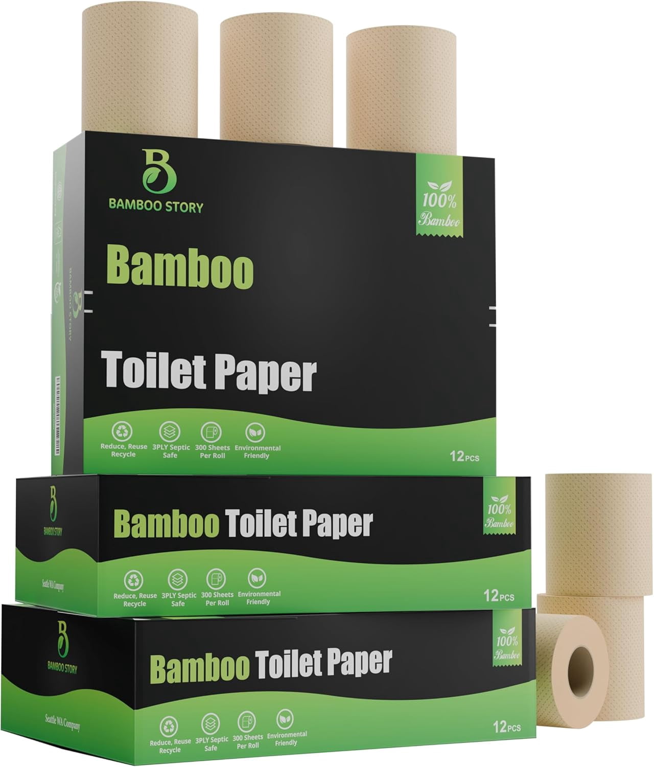Bamboo Unbleached, 12 Rolls, 3 Ply and 300 Sheets Bamboo Toilet Tissue - FSC Certified, Biodegradable, Chemical Free, Plastic Free, BPA Free, Septic Safe
