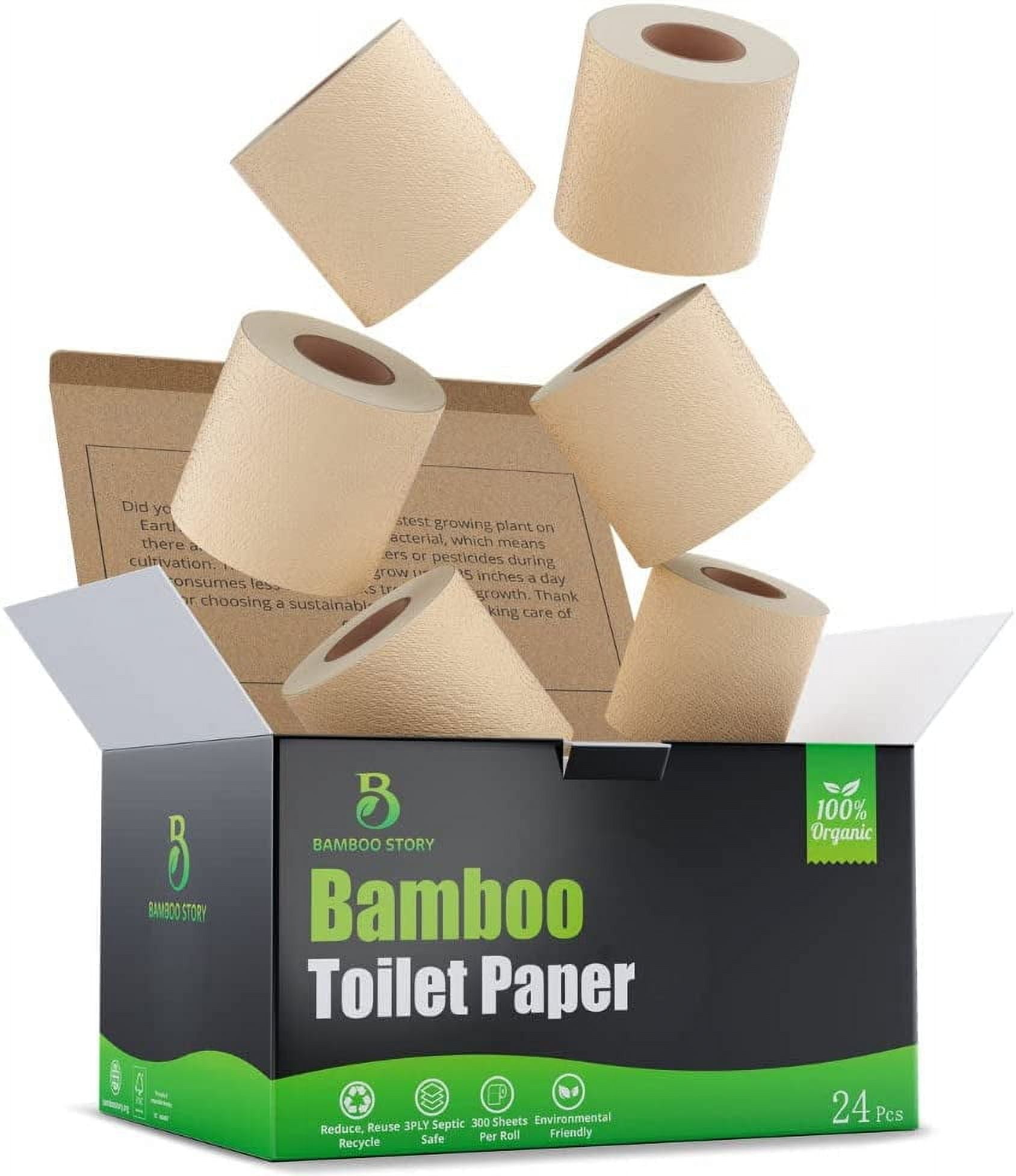 Bamboo Toilet Paper Unbleached, 24 Rolls, 3 Ply and 300 Sheets Bamboo Toilet Tissue - FSC Certified, Biodegradable, Chemical Free, Plastic Free, BPA Free, Septic Safe Toilet Paper