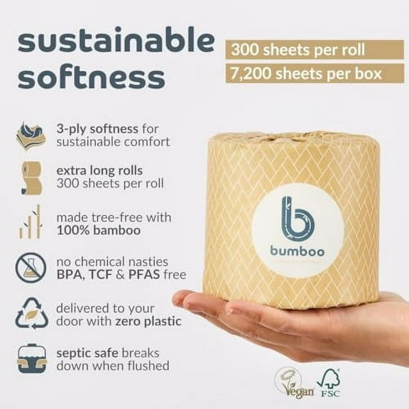 Bamboo Toilet Roll 48 Pack | Wrapped Toilet Paper 3 ply, 300 Sheets | Eco Friendly Toilet Paper Bulk | Plastic-Free, Soft, Strong, Sustainable & Biodegradable Loo Roll