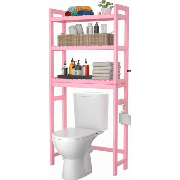 MY Bamboo Over The Toilet Storage Shelves, 3-Tier Above Toilet Storage Organizer Rack with 3 Hooks, Freestanding Bathroom Tower Shelf Unit for Small Space, No Rust, Easy to Assemble, Pink
