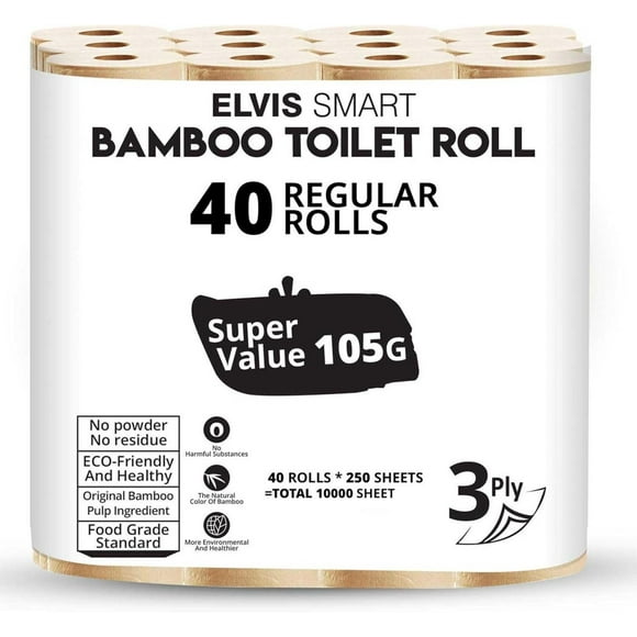 Bamboo Toilet Tissue, 3-Ply, 250 Sheets per Roll, Pack of 40 Strong and Flexible, Tree-Free, Septic Safe, Natural and Gentle for Comfortable Daily Use