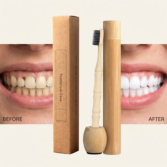 Bamboo Toothbrush,Charcoal Bristle Toothbrush with Bamboo Handle Cover,Natural Bristle Bamboo Handle Tooth Brush Set for Adults,.Reusable Compact Case for Travel Camping Daily Use