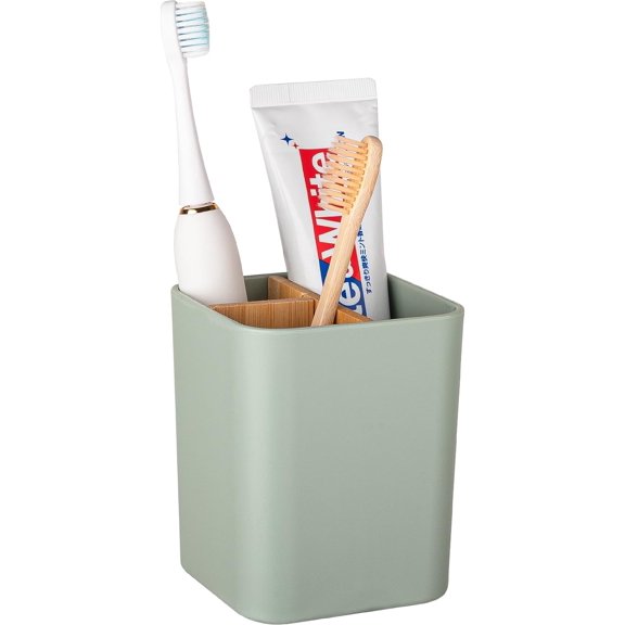 Bamboo Toothbrush Holder for Bathrooms, 3 Slots Kids Toothbrush and Toothpaste Holder Bathroom Countertop Organizer for Electric Toothbrushes, Floss, Razors - Green