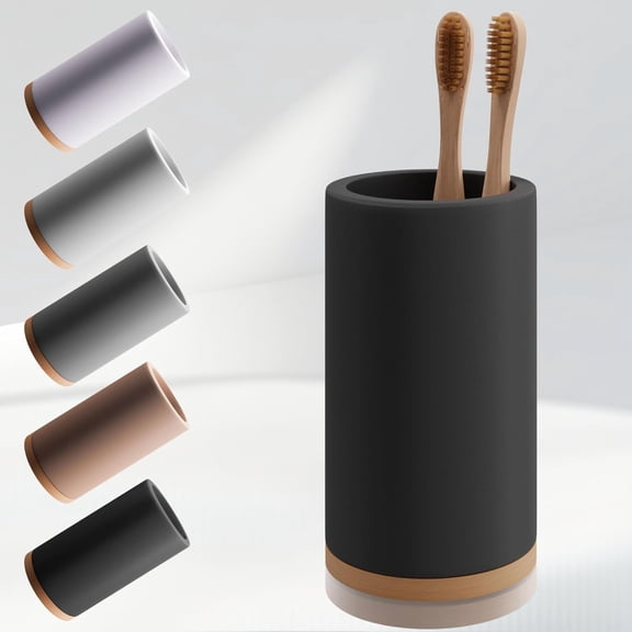Bamboo Toothbrush Holder Diatomite Tooth Brush Organizer - Storage Stand for Small Bathroom & Counter - Removable Base & Drain Holes, Water-Absorbent & Quick-Drying (Black)