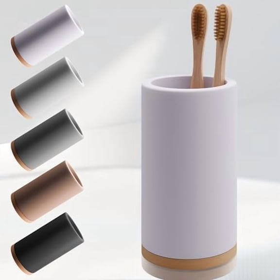 Bamboo Toothbrush Holder Diatomite Tooth Brush Organizer - Storage Stand for Small Bathroom & Counter - Removable Base & Drain Holes, Water-Absorbent & Quick-Drying (Off White)