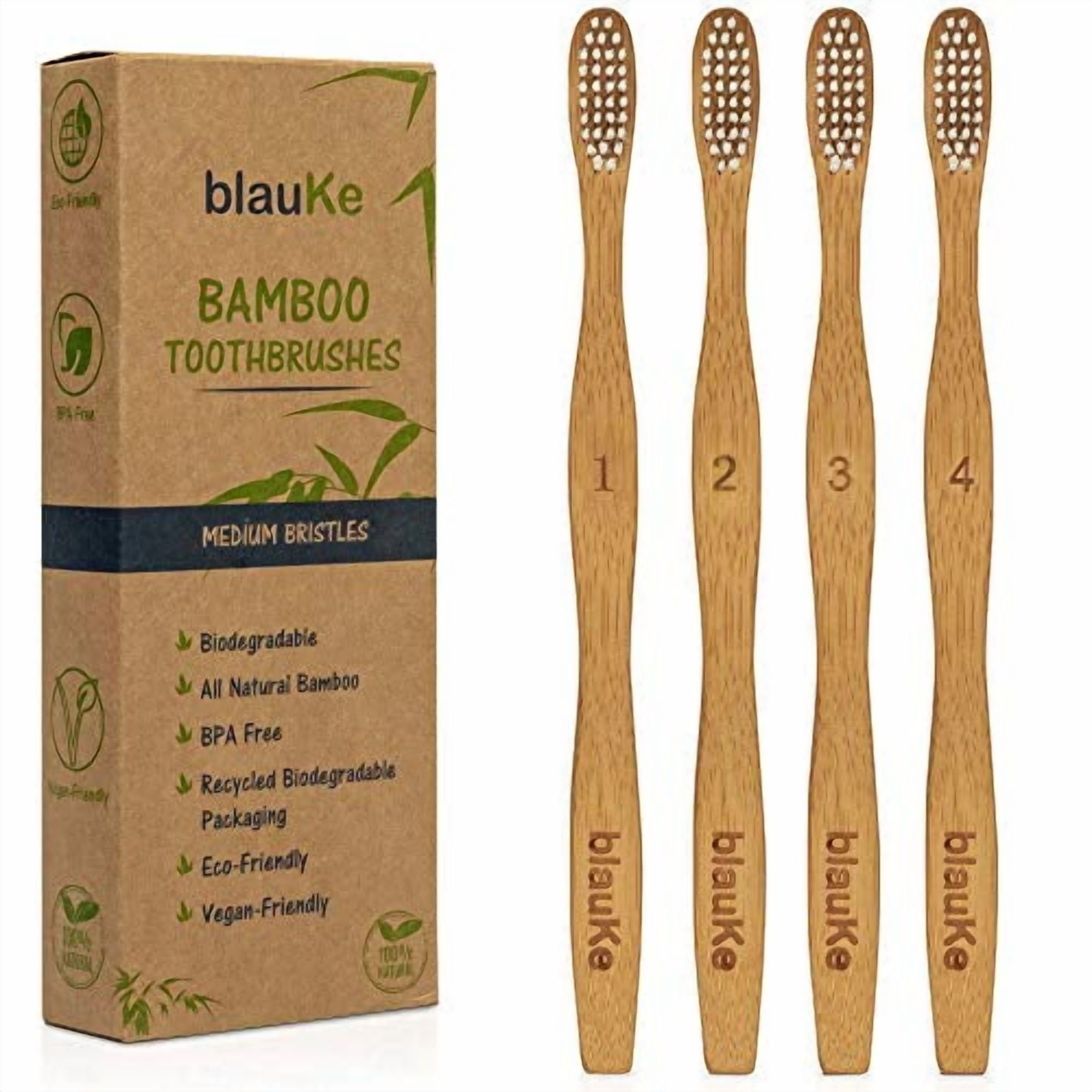 Bamboo Toothbrush Medium Bristle 4-Pack | Eco Friendly Wooden Toothbrushes Medium Bamboo Toothbrushes for Adults | Compostable Biodegradable & Natural Wood Toothbrush Set - BlauKe