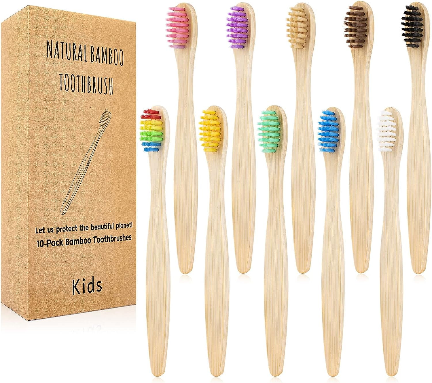 Bamboo Toothbrushes for Kids, Childrens Manual Brushes Bulk 10 Packs,3+ Years Organic Oral Tooth