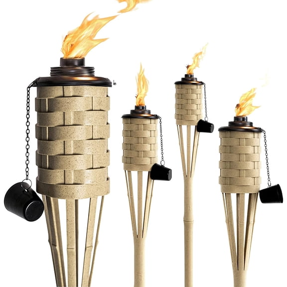 Bamboo Torches, Outdoor Citronella Torch (Weathered Color, 4pack); Large Patio Torch, Great for Tropical Decor, Lighting, and Luau Party; Easy Refill Wide-Mouth Canister, Stands 60" Tall