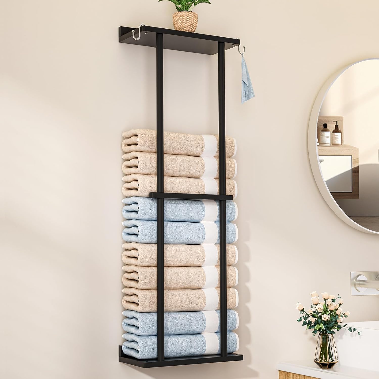 Bath Robe Storage Bamboo Towel Rack for Bathroom with 2 Hooks, 32.7 inch with Shelf Wall ...