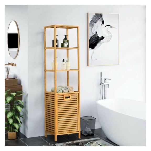 Bamboo Tower Hamper Organizer - 3-Tier Storage Shelves, Laundry Hamper - Natural Bamboo, Oxford Cloth - Bathroom, Laundry Room, Closet - 16"x13"x63", 33lbs Shelf Capacity