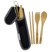 Bamboo Travel Utensil Set Midnight Black | Bamboo Fork, Knife, Spoon, Chopsticks, Straw, Straw-cleaning brush, Travel Pouch and Carabiner | Excellent For Everyday Use!