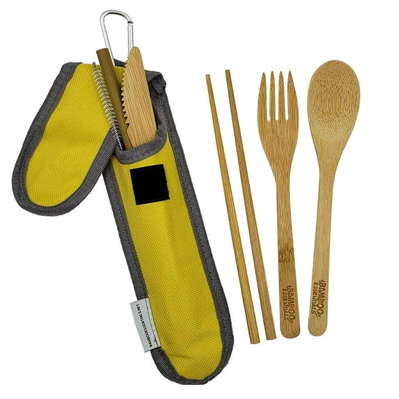 Bamboo Travel Utensil Set Sunrise Yellow | Bamboo Fork, Knife, Spoon, Chopsticks, Straw, Straw-cleaning brush, Travel Pouch and Carabiner | Excellent For Everyday Use!