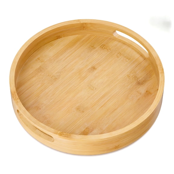 Bamboo Tray, Round Wooden Serving Tray for Food and Drinks, Decorative Tray for Ottoman, Coffee Table and Kitchen