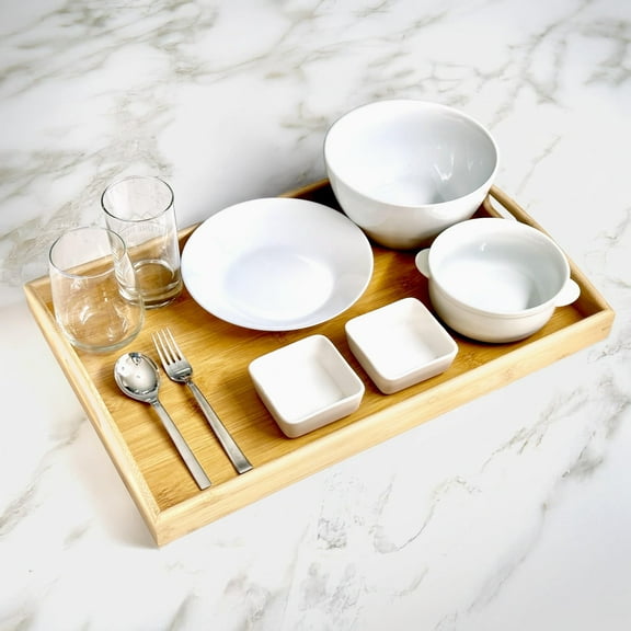 Bamboo Tray TASTAN Bamboo Serving Tray with Handles - Portable Bed & Breakfast Tray, Multi-Purpose Eating Surface for Living Room & Restaurants, Traditional Tea Ceremony Design, Serving Platter, I