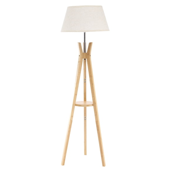 Bamboo Tripod Floor Lamp with Shelves,Mid Century Standing Lamp,Modern Design Studying Light for Living Room,Bedroom,Study Room and Office,Beige Linen Lamp Shade with E26 Base,Nature