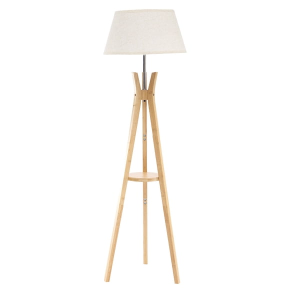 Bamboo Tripod Floor Lamp with Shelves,Mid Century Standing Lamp,Modern Design Studying Light for Living Room,Bedroom,Study Room and Office,Beige Linen Lamp Shade with E26 Base,Walnut