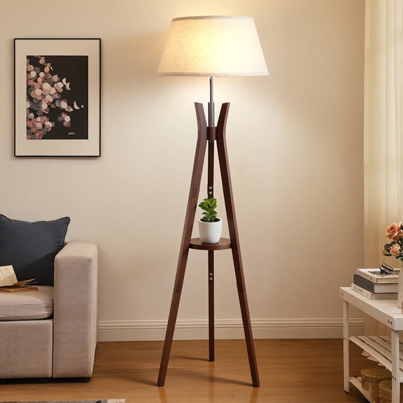 Bamboo Tripod Floor Lamp 61" H with Shelves, Mid Century Style Linen Shade, E26 Socket 40W Max for Living Room Bedroom Office Walnut