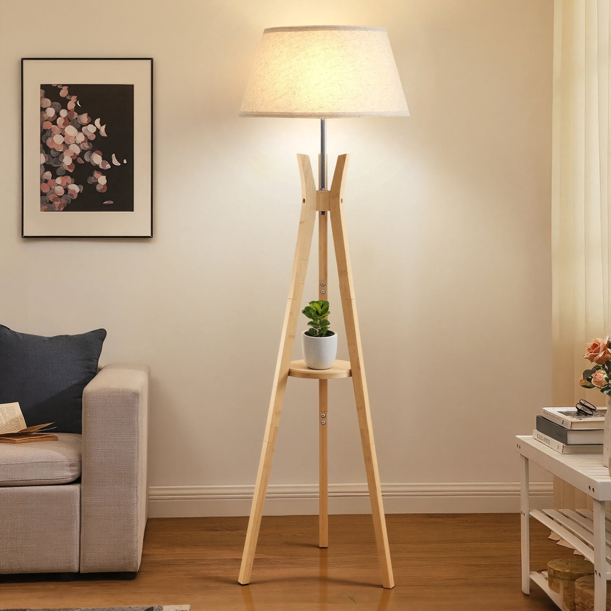 Bamboo Tripod Floor Lamp with Shelves,Mid Century Standing Lamp,Modern Design Studying Light for Living Room,Bedroom,Study Room and Office,Beige Linen Lamp Shade with E26 Base,Natural
