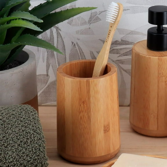 Bamboo Tumbler Cup & Toothbrush Holder - Durable, Eco-Conscious Bathroom Organizer for Toothbrushes & Toothpaste - Natural Design for Modern & Classic Home Decor