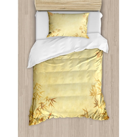 Bamboo Twin Size Duvet Cover Set, Bamboo Stems and Blooming Flower Antique Grunge Background Oriental Artwork, Decorative 2 Piece Bedding Set with 1 Pillow Sham, Mustard Vermillion, by Ambesonne