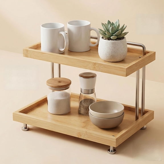 Bamboo Two-Tier Storage Rack Tabletop Storage Organizer Countertop Shelf for Kitchen, Bathroom