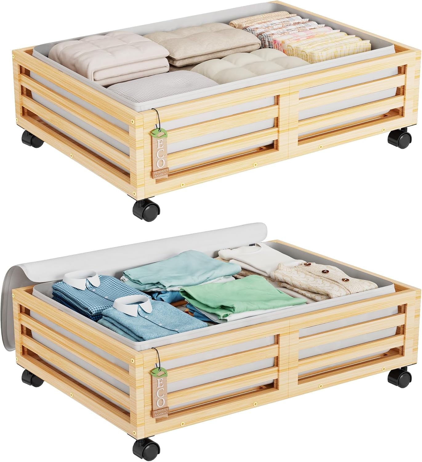 Walnut Bamboo Stackable Under Bed Storage with Wheels
