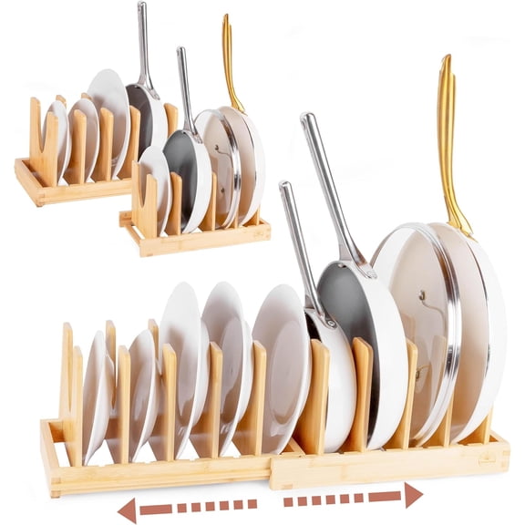 Bamboo Under-Cabinet Pot and Pan Organizer with Magnetic Closure, Expandable 2-in-1 Design, Adjustable Dividers, and Non-Slip Base