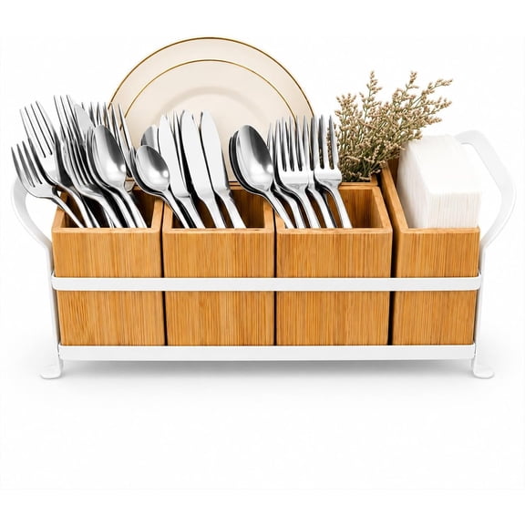 Bamboo Utensil Caddy with Handle - 5 Compartment Silverware Holder for Party & Kitchen Countertop - Removable Wooden Flatware Organizer for Picnic, BBQ, Buffet, RV & Outdoor Dining