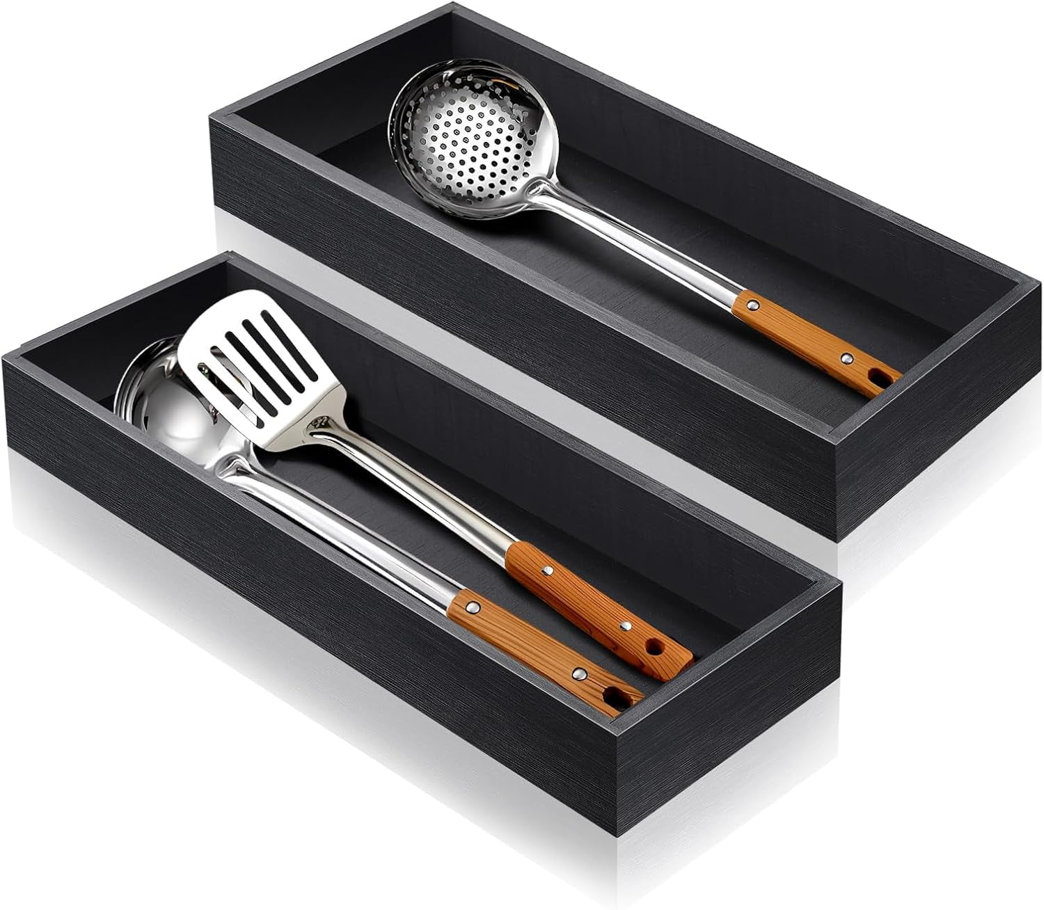 Bamboo Utensil Drawer Organizer, Stackable Silverware Organizer Tray Flatware Cutlery Storage Box for Kitchen - 17"x6"x2.5" (Set of 2)