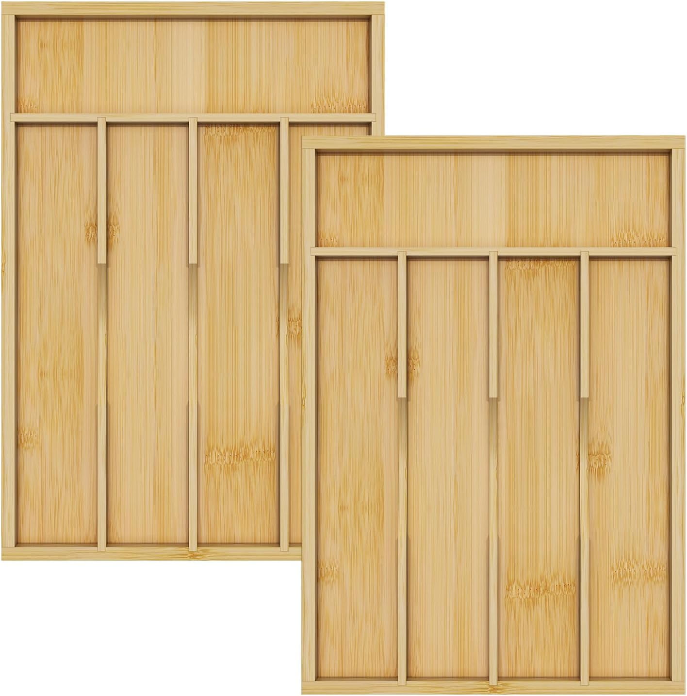 Bamboo Utensil Organizer for Kitchen Drawers, Utensil Tray and Cutlery Silverware Holder,Wood Drawer Dividers with 5 Slots，2 pack