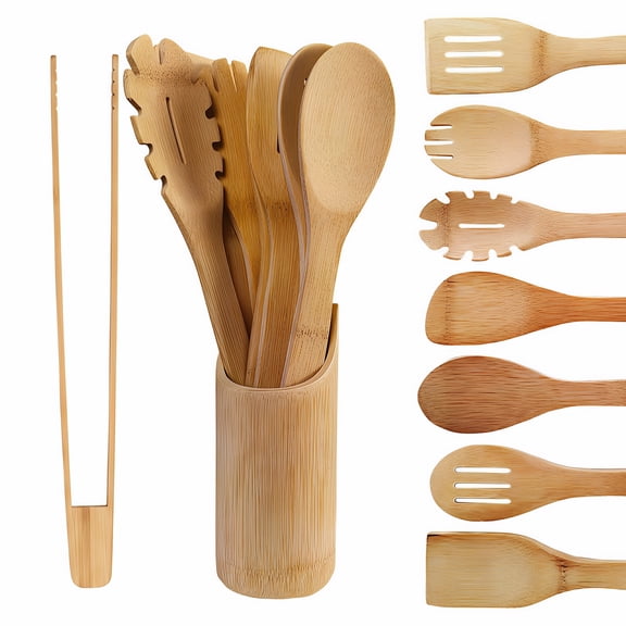 Bamboo Utensils 8-Piece Set with Holder Pure Bamboo Cooking Tools for Non-Stick Cookware Durable Reusable Kitchen Essentials