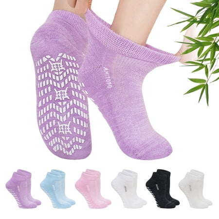 PUTUO Ankle Diabetic Socks for Men and Women, PUTUO Non-Slip Bamboo Viscose Socks, Super Soft Loose Breathable Grippy Socks for Women, Durable with Seamless Toe and Non-Binding Top, 6 Pairs