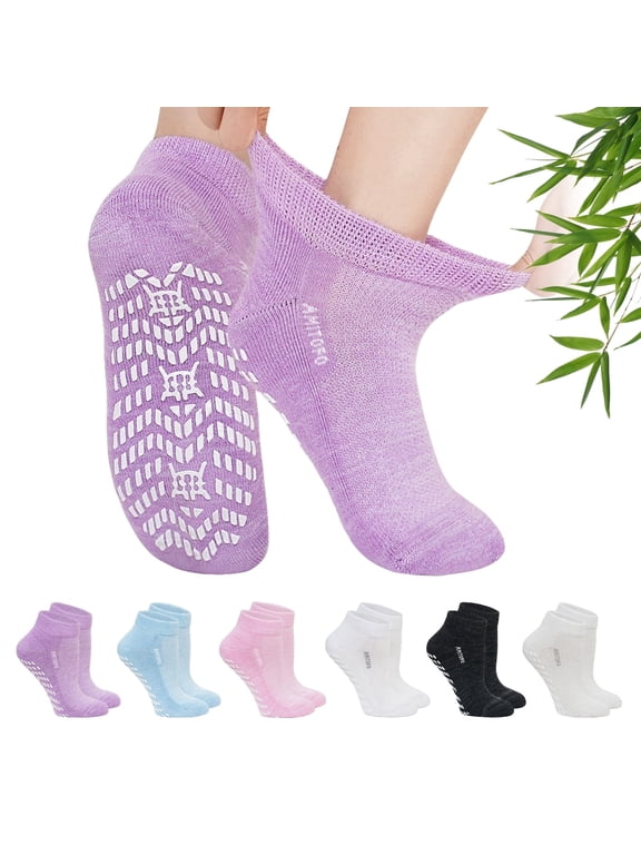 Ankle Diabetic Socks for Men and Women, PUTUO Non-Slip Bamboo Viscose Socks, Super Soft Loose Breathable Grippy Socks for Women, Durable with Seamless Toe and Non-Binding Top, 6 Pairs