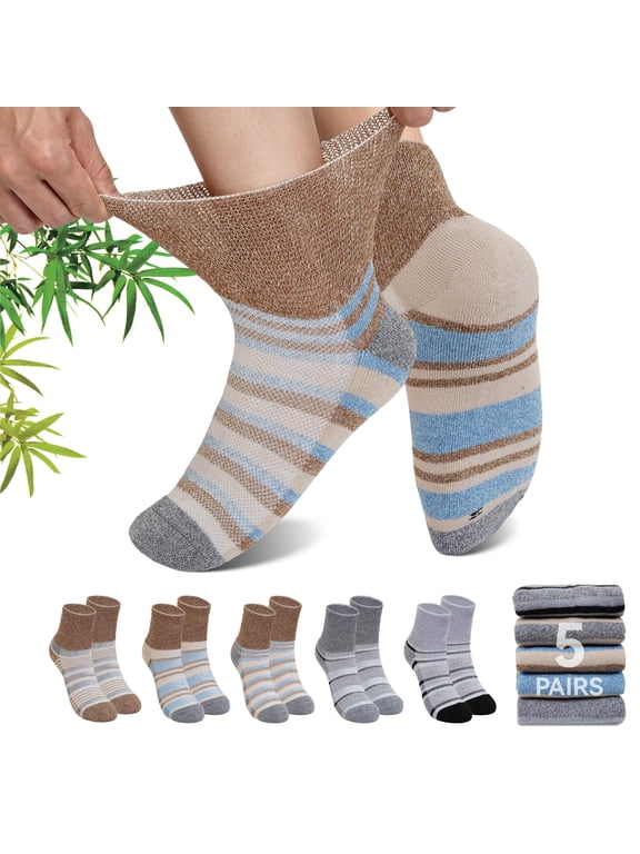 Bamboo Viscose Diabetic Socks, Wide Non Binding Neuropathy Socks for Women & Men, 5 Pairs Ankle Seamless Socks, Size 9-11