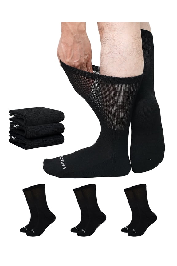 Bamboo Viscose Diabetic Socks for Men & Women, 3 Pairs Wide Calf Crew Socks, Seamless Toe Socks for Swollen Feet, Size 9-11, Black
