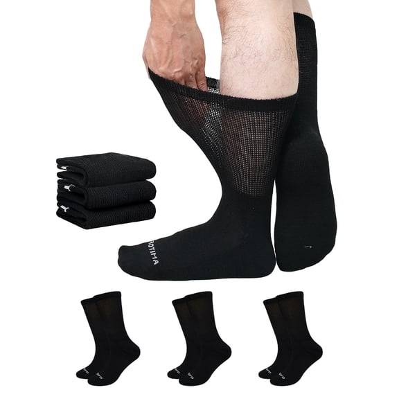 LOFIR Bamboo Viscose Diabetic Socks for Men & Women, 3 Pairs Wide Calf Crew Socks, Seamless Toe Socks for Swollen Feet, Size 9-11, Black